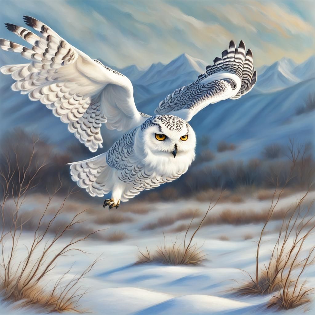 Snowy Owl Hunting Over Snowy Meadow: Oil Painting