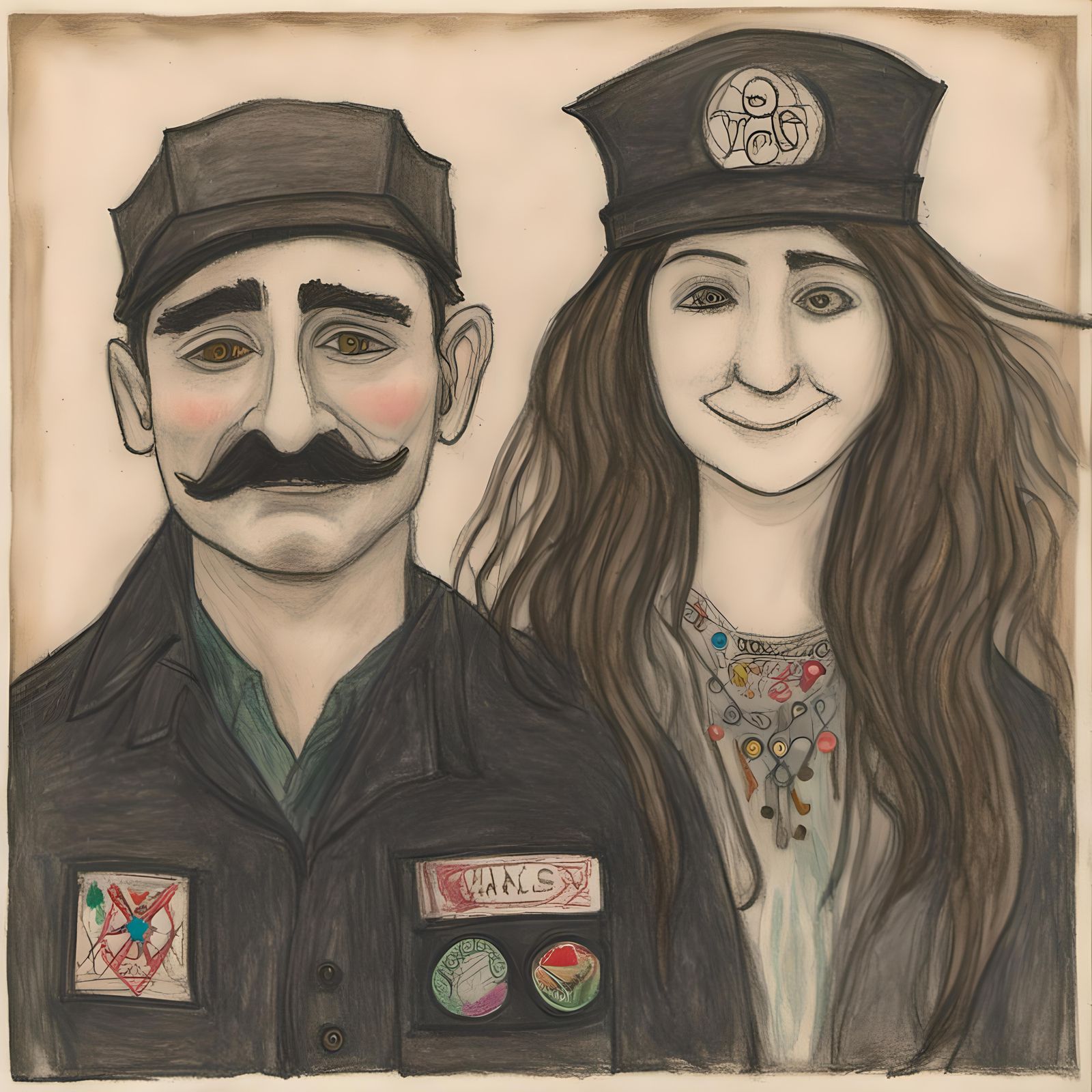 Smiling Couple in 1960s Crowd: Charcoal Pencil Art