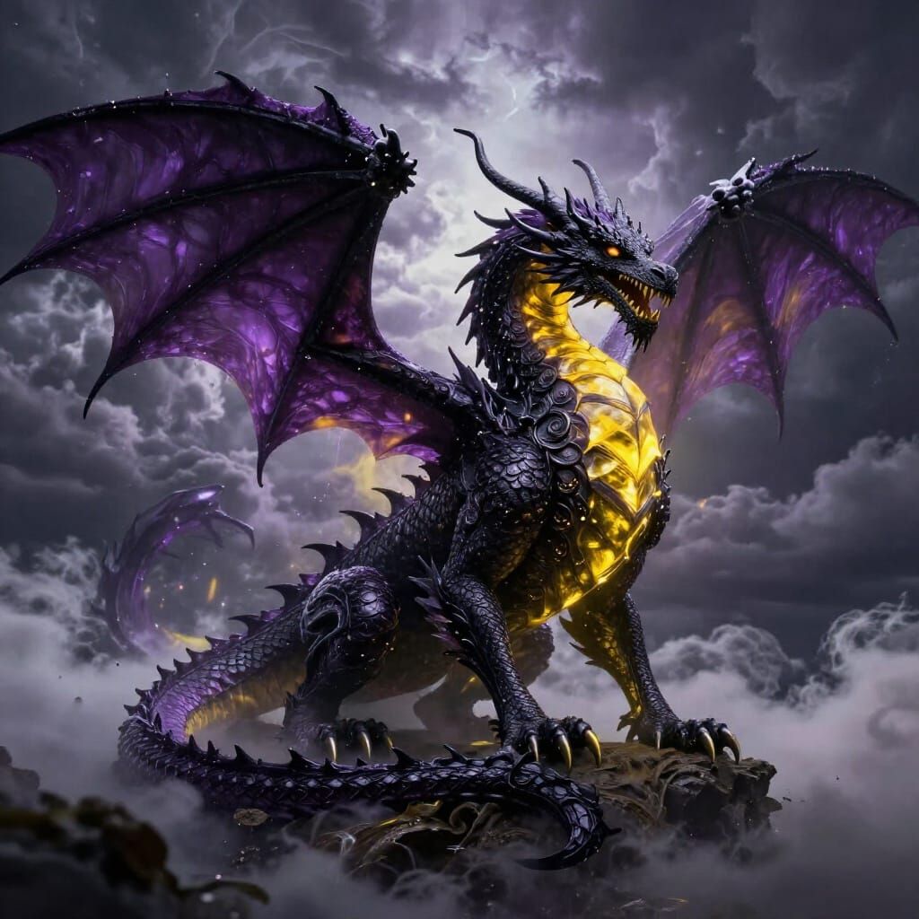 Mighty Black Dragon Awakens in Thunderstorm Clouds