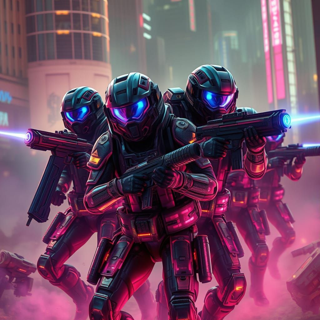 Cyberpunk Soldiers Engage in High-Tech Battle Amidst Neon-Li...