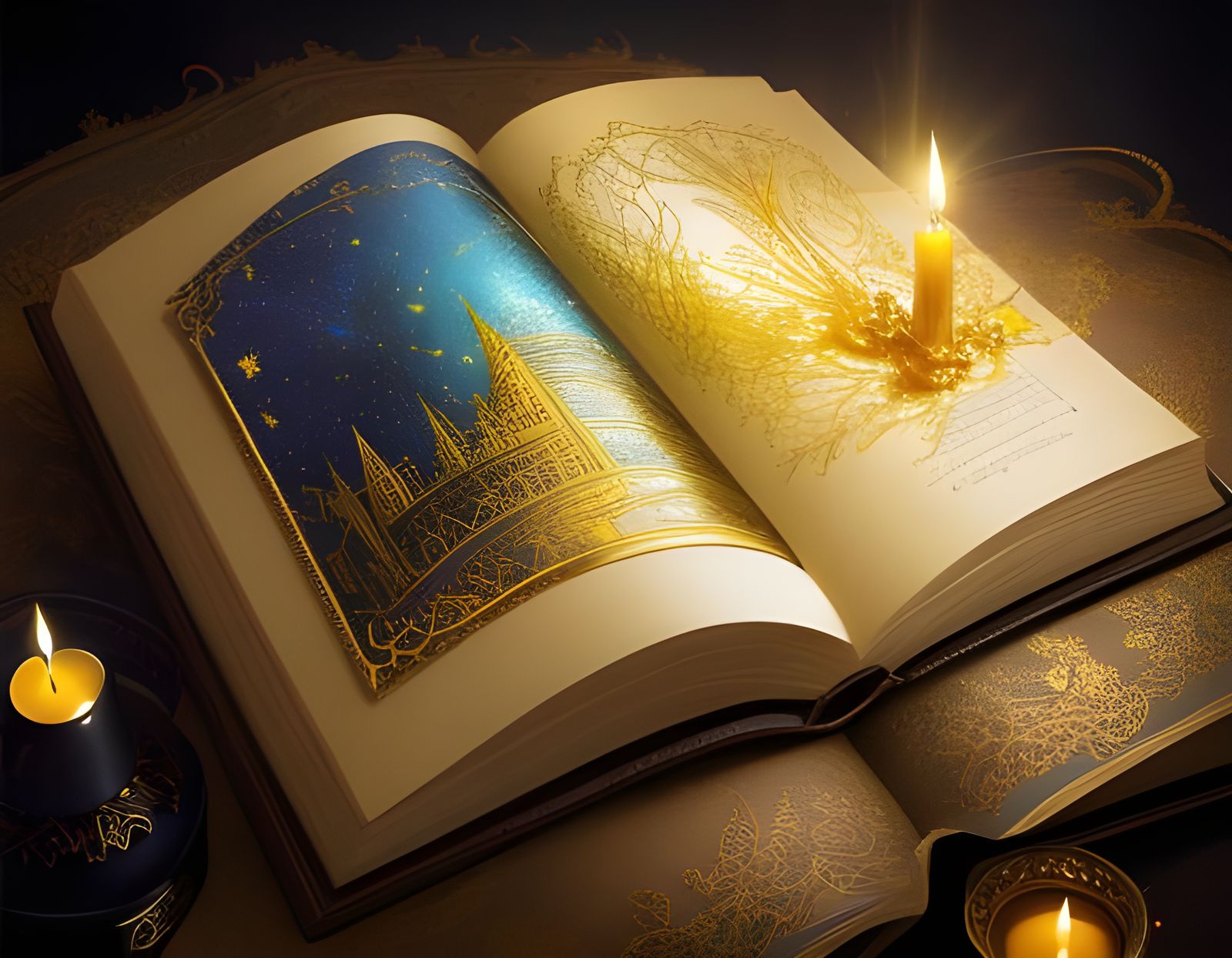 Fantasy Wish Book with Candles in Watercolor Style