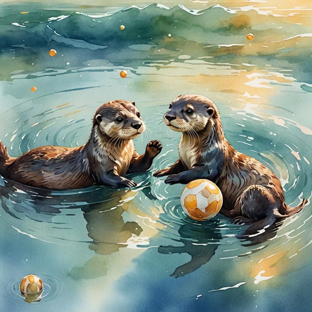 Joyful Otters Playing in Shimmering Watercolor Sea