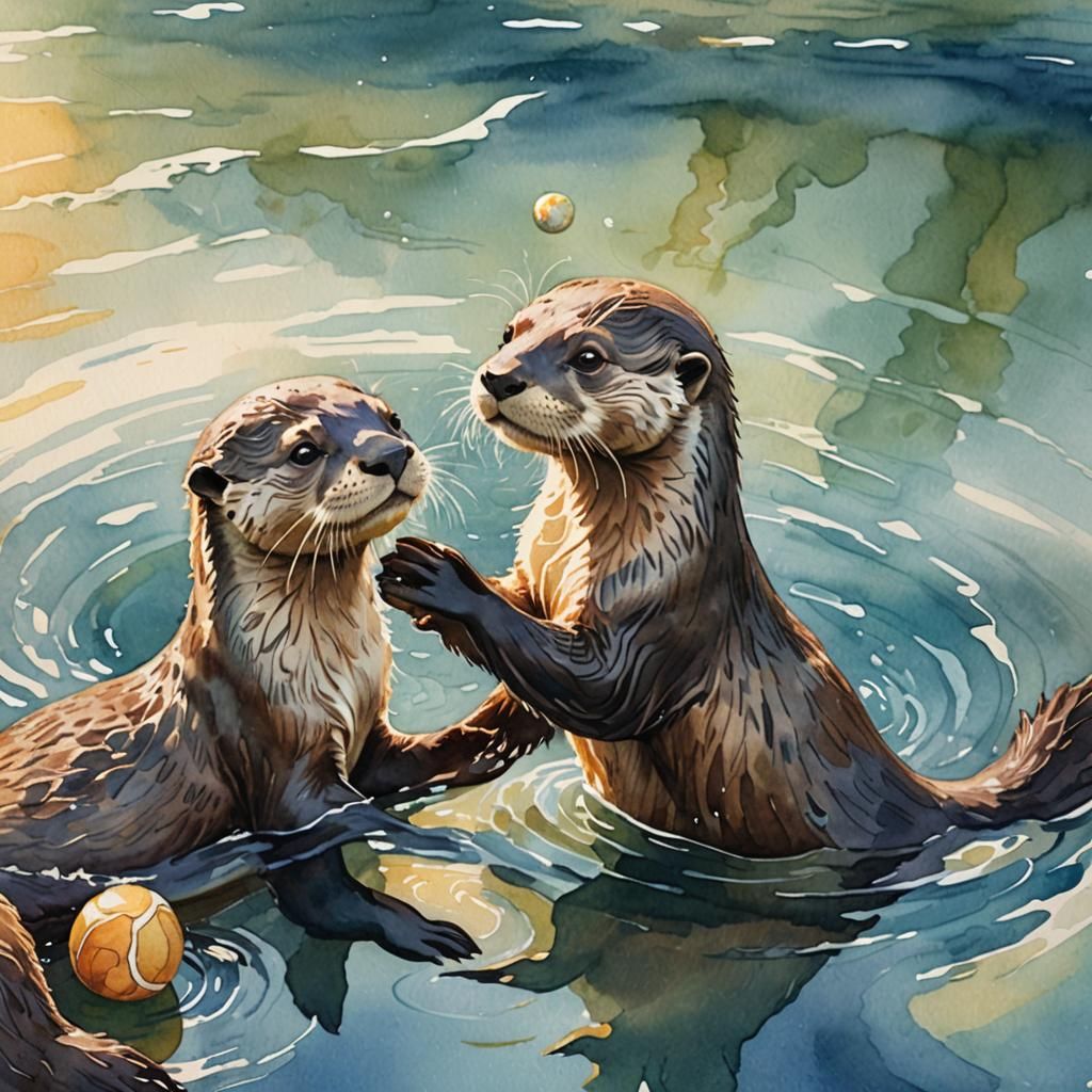 Watercolor Otters Playing in a Sunlit Sea