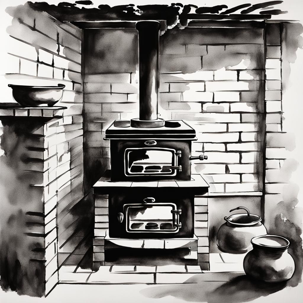 Antique Cookstove: Chinese Ink Wash Painting