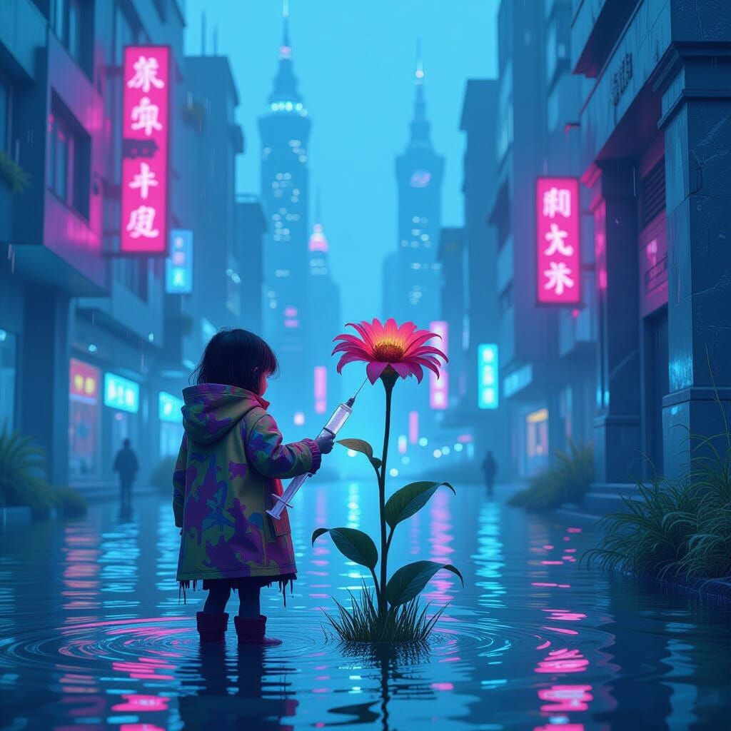 Dystopian Child with Syringe in Neon Cityscape