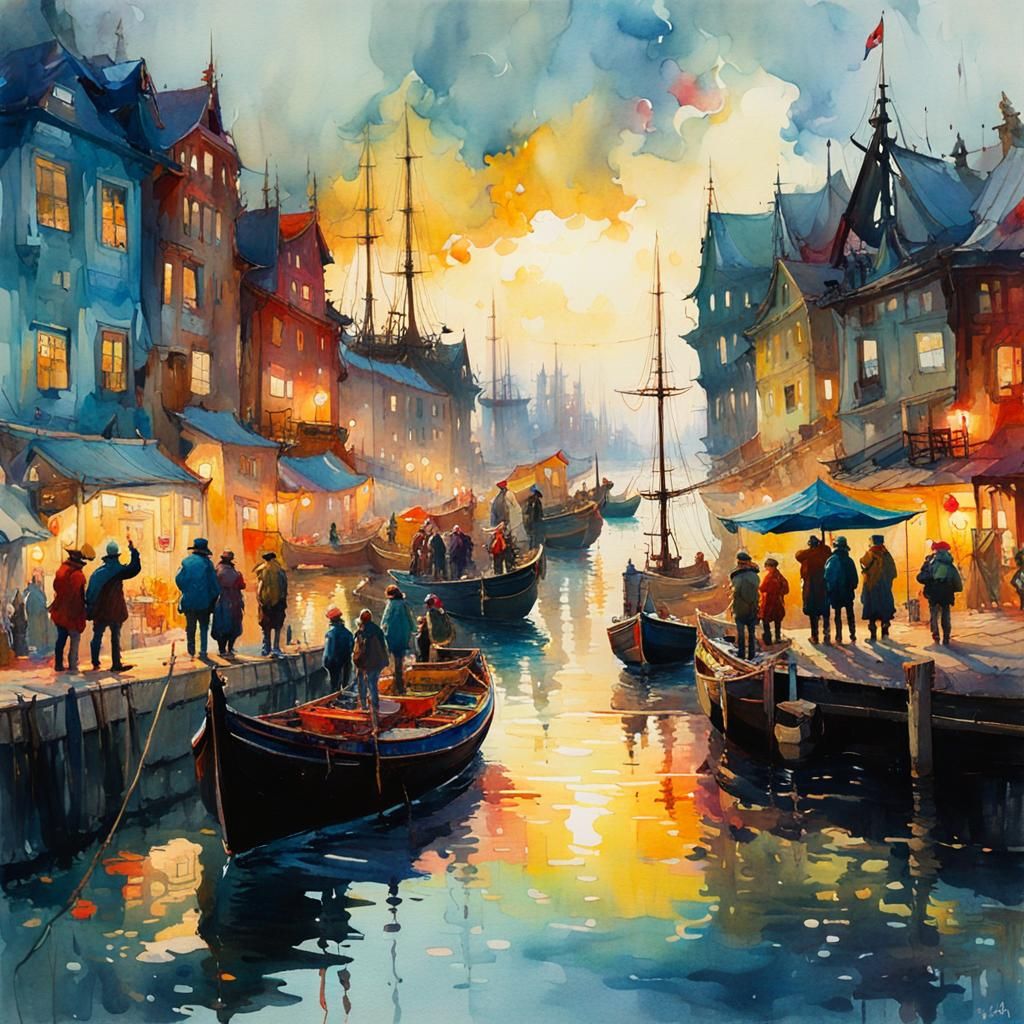 Farewell at Harbour in Detailed Watercolour Fantasy