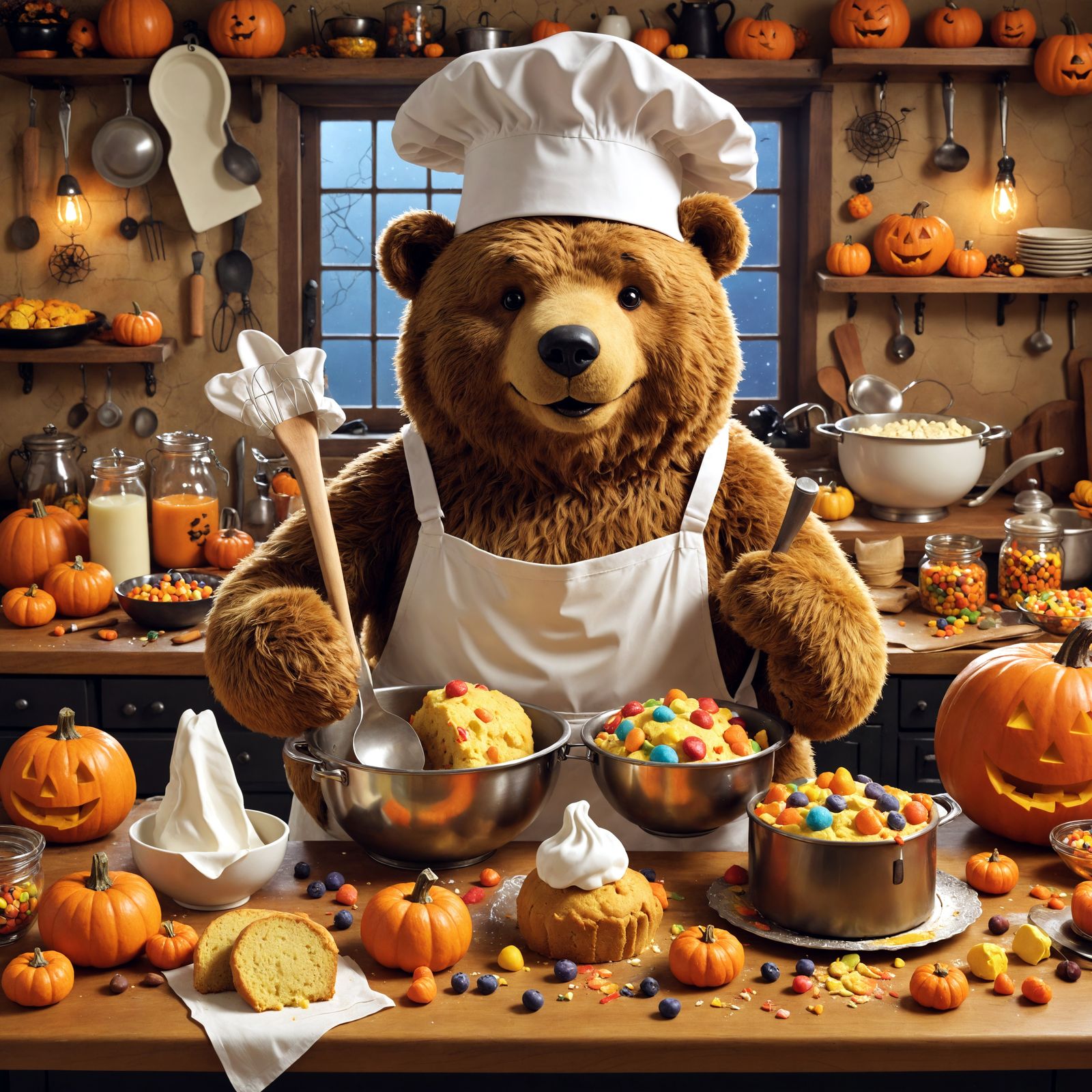 Teddy Bear Bakes Halloween Treats in Cozy Kitchen