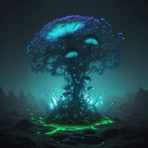 Biopunk Plant with Glowing Mushrooms in Laboratory