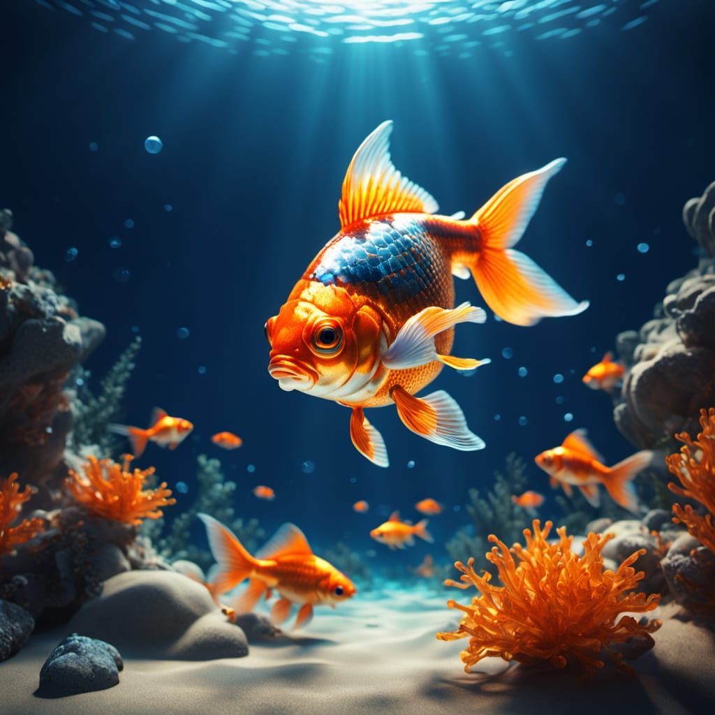 Crystal Goldfish Swimming in Deep Blue Sea