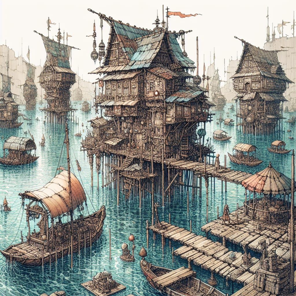 Floating Village in Magical Lagoon, Anime Steampunk Style