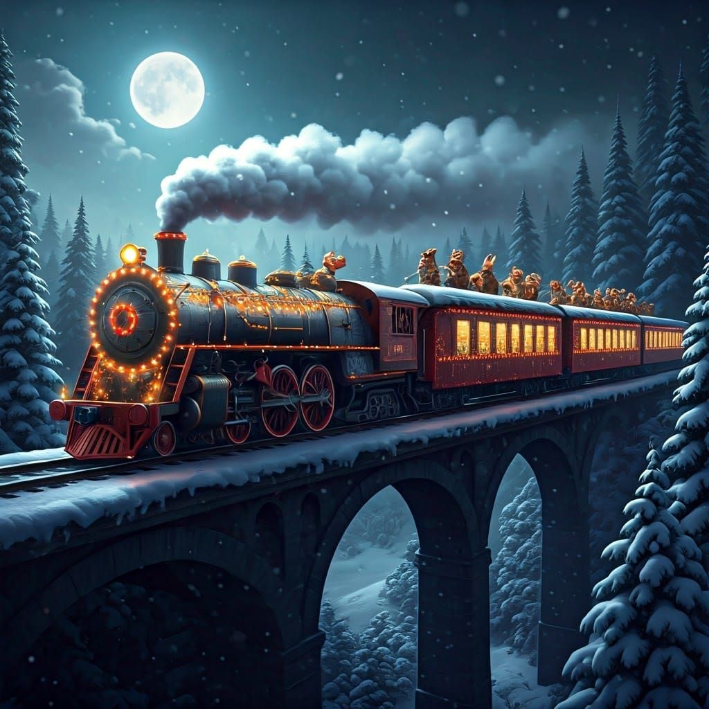 Realistic New Year's Train Under Magical Moonlit Sky