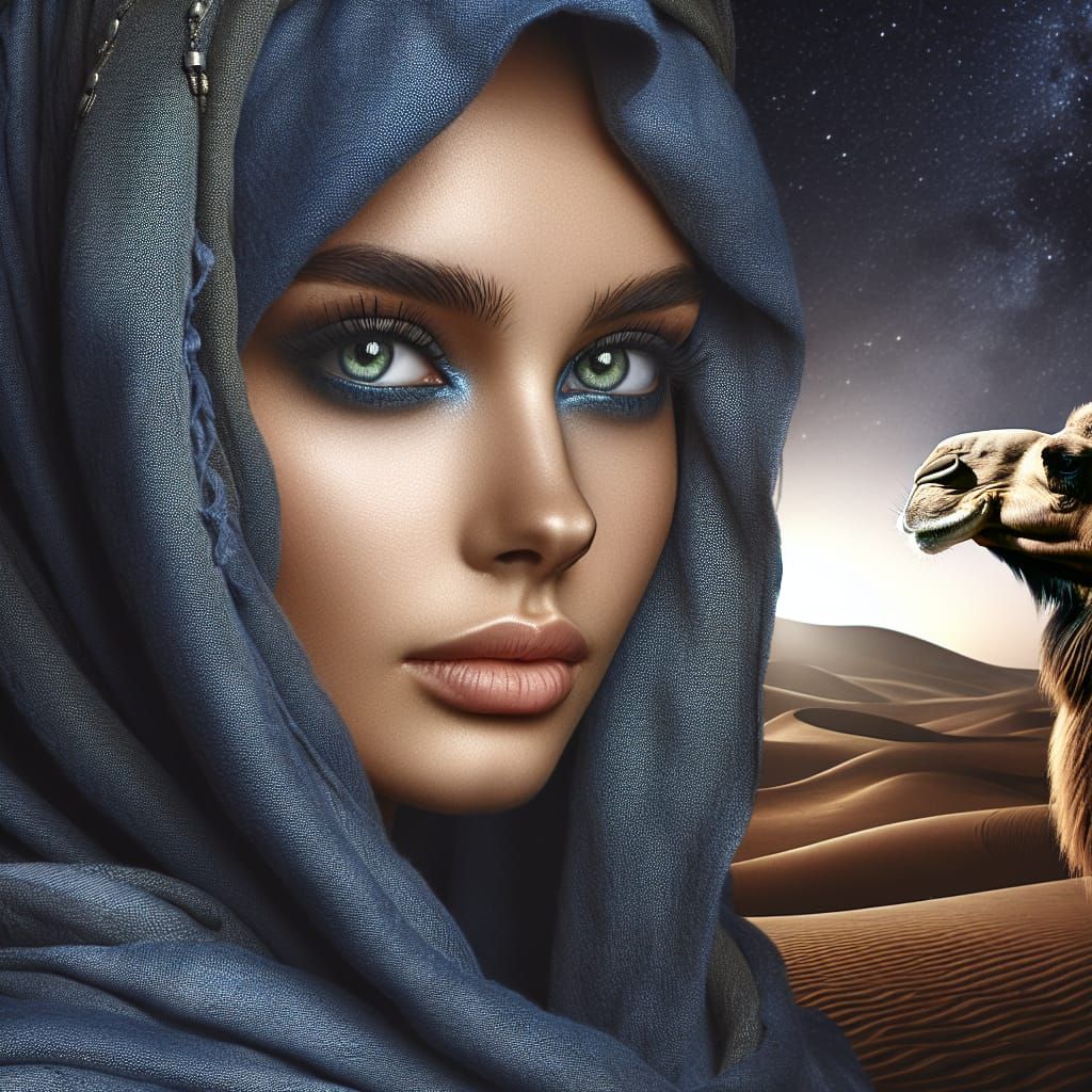 Portrait of Woman with Camel Under Starlit Sky