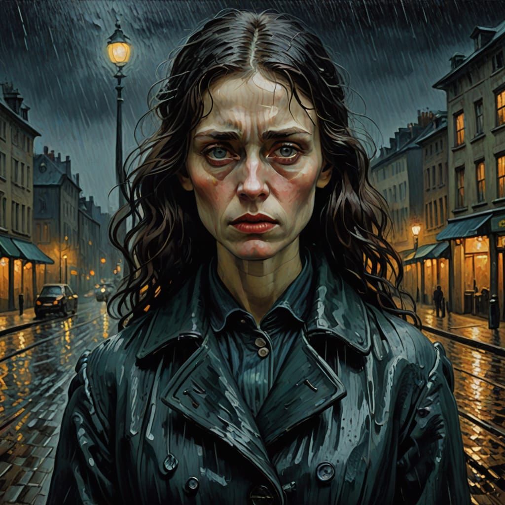 Mourning Woman in Rainy Cityscape