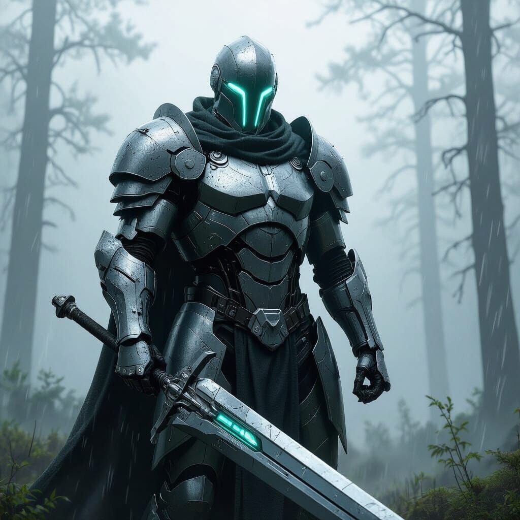 Futuristic Warforged Warrior in Stormy Forest