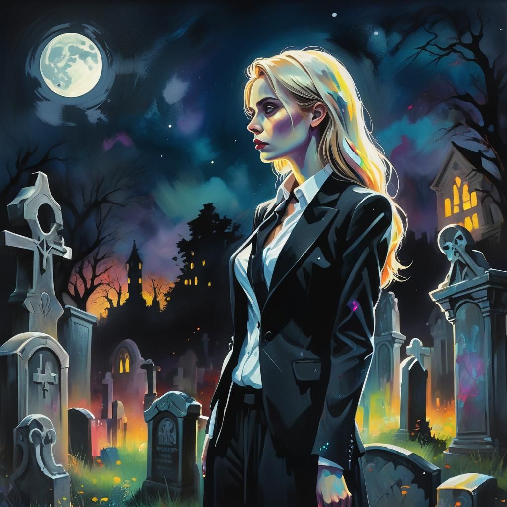 Graffiti Art of Woman in Graveyard at Night