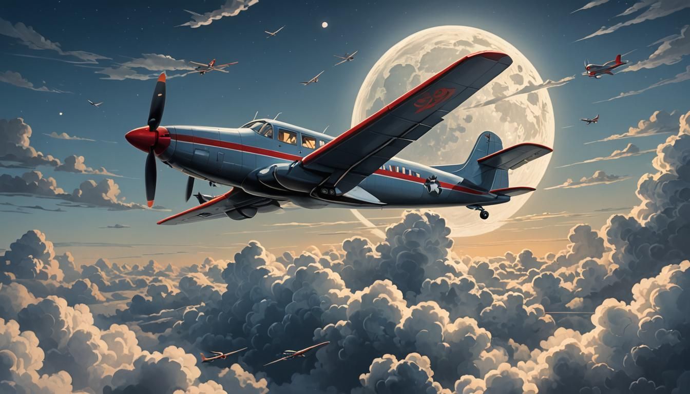 Moonlit D-C3 Prop Plane Flying at Night