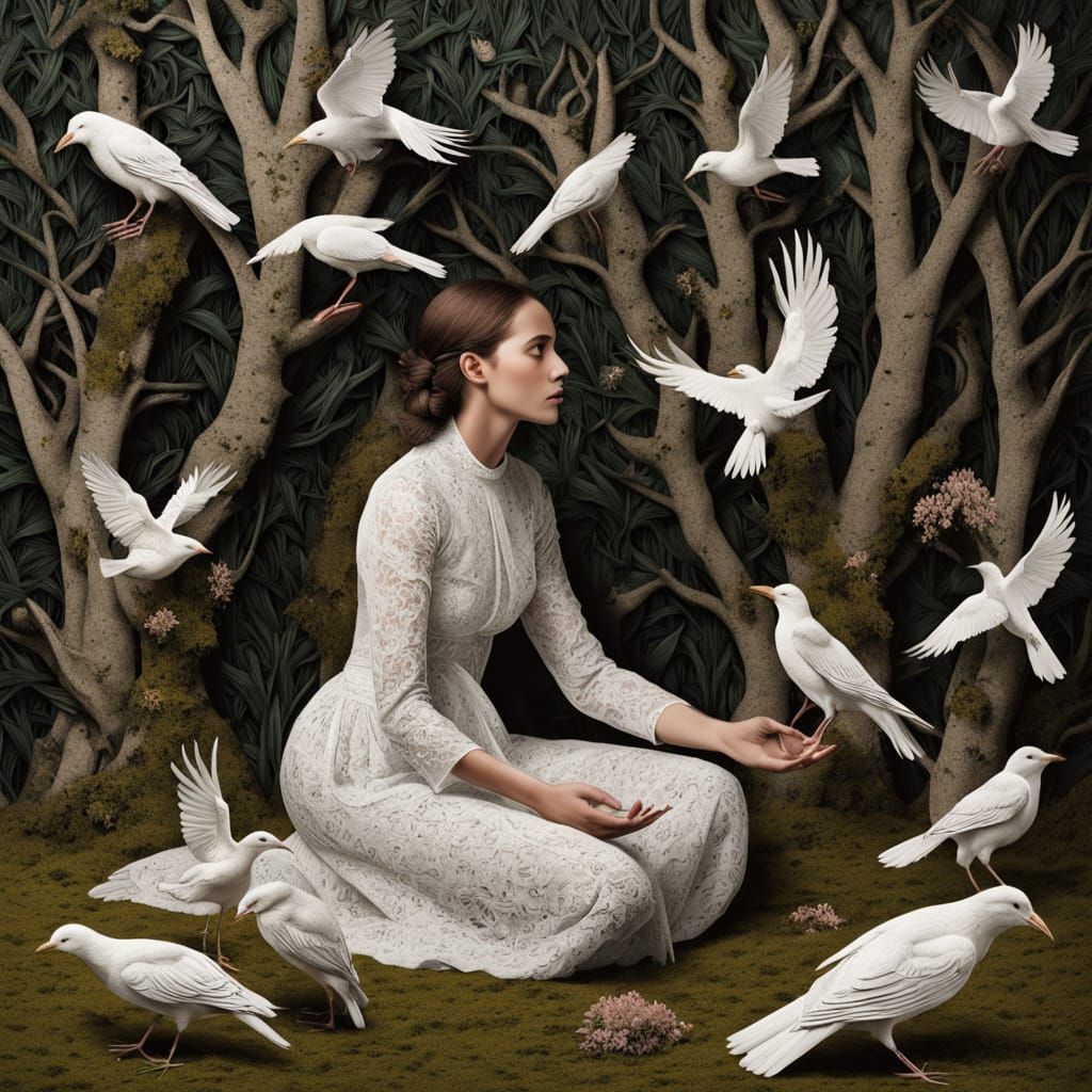 Surreal Woman with Birds in Dreamlike Eco-Art