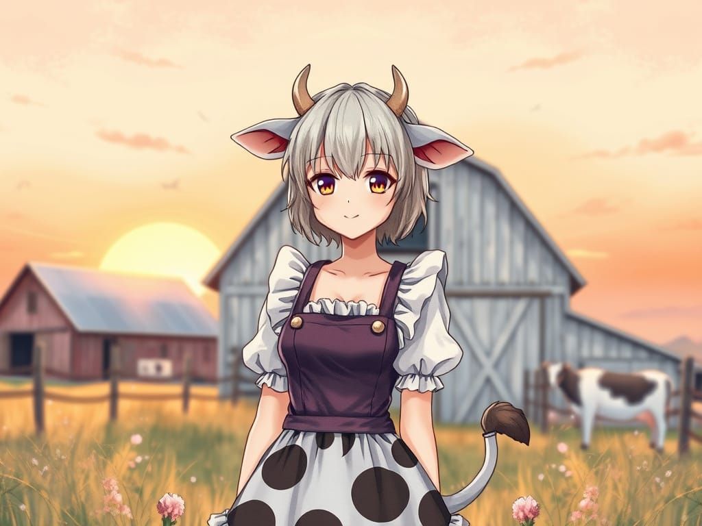 Anime Cowgirl Farmer at Sunset in Watercolor Style