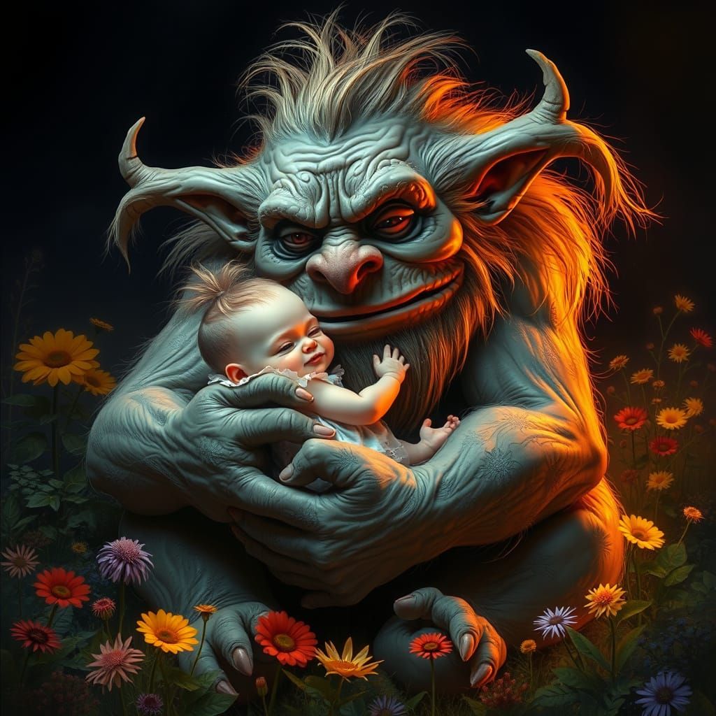 Giant Troll Cradling Baby in Detailed Fantasy Art