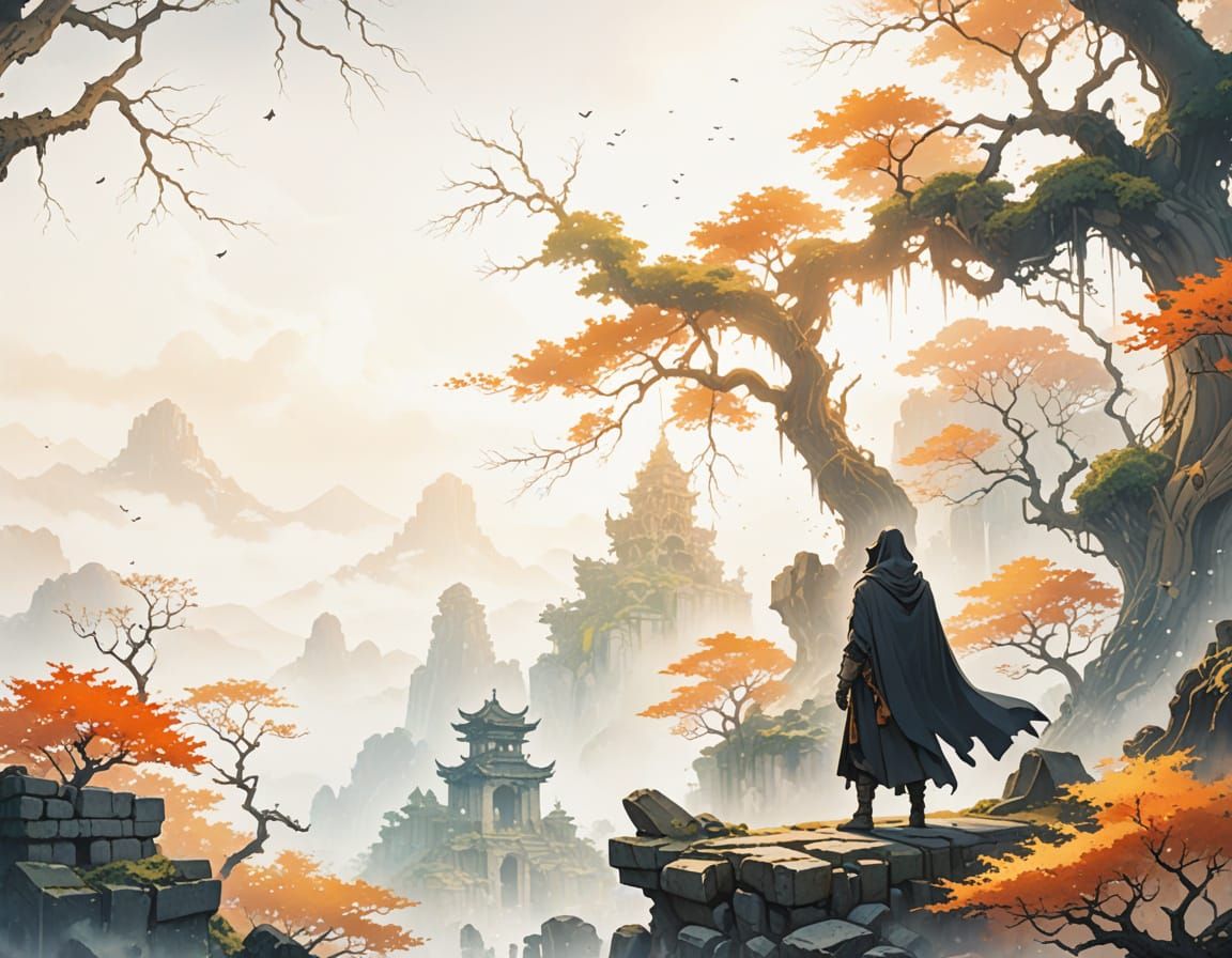 Ancient Guardian of the Misty Ruins in Anime Style