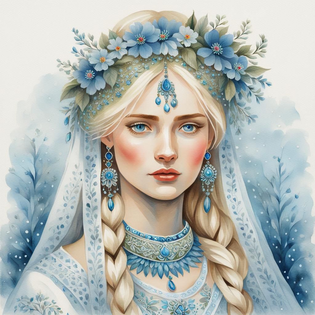 Slavic Girl Portrait in Russian Folk Art Style