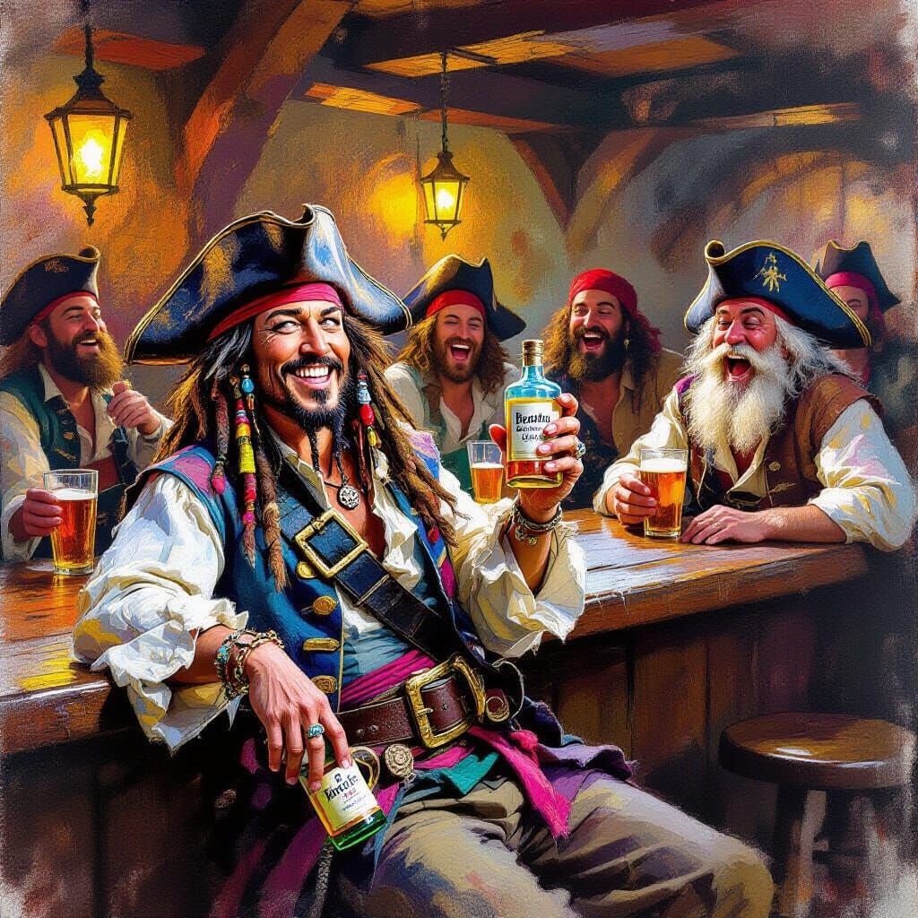 Drunk Jack Sparrow in Pub, Colored Chalk Art Style