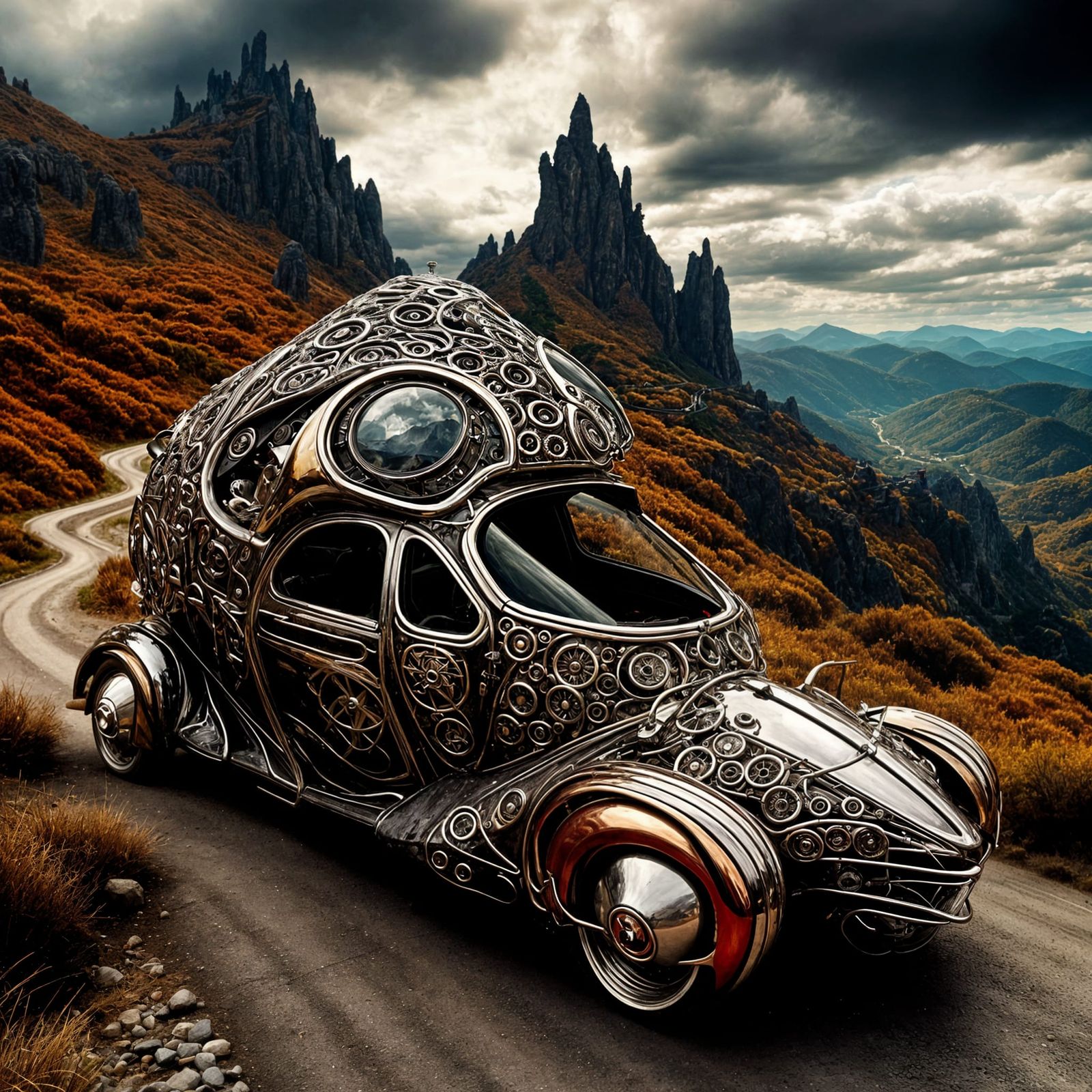 Surreal Car Navigates a Winding Mountain Road