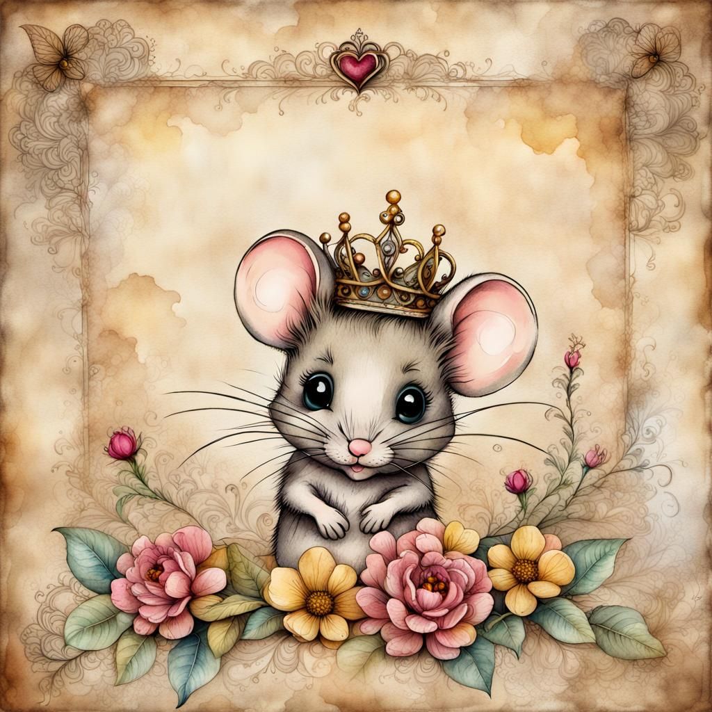Mouse Princess on Vintage Love Note as Watercolor