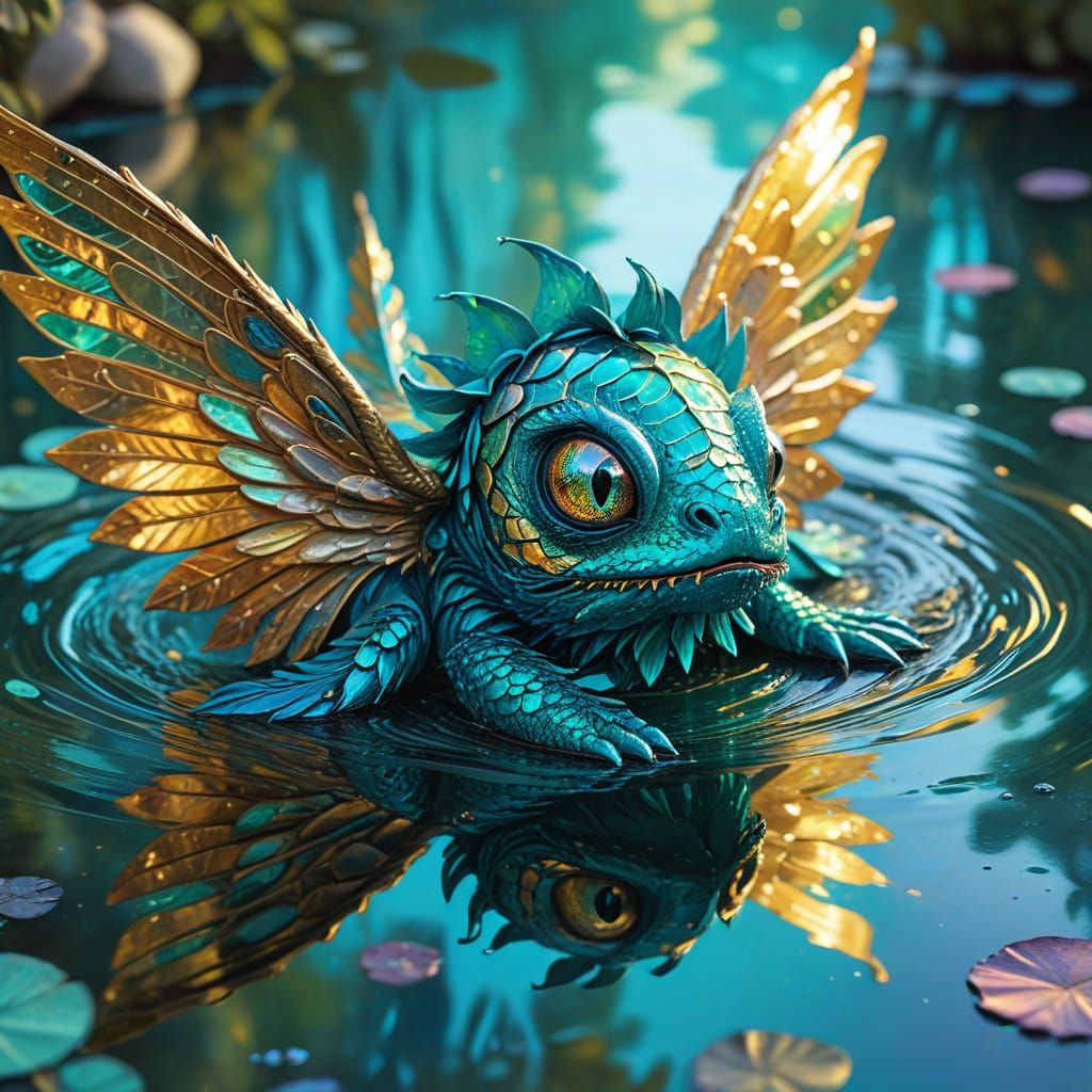 Teal Rose Mirror Monster in Whimsical Gouache Style