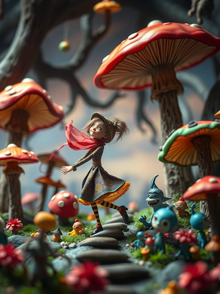 Whimsical Stop Motion Character Dancing in Surreal Landscape