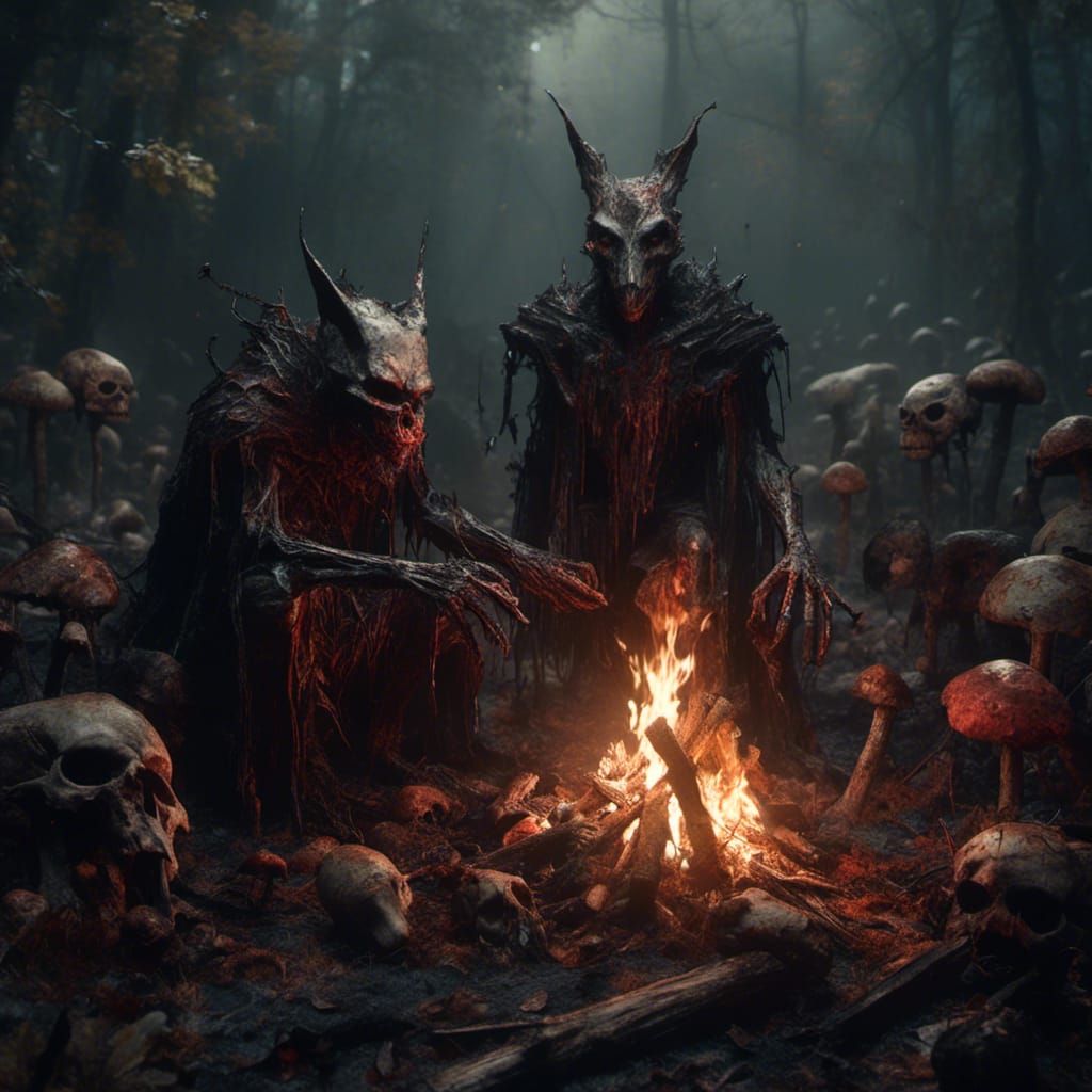 Macabre Bat-Human Hybrids Feast in Dark Fantasy Art