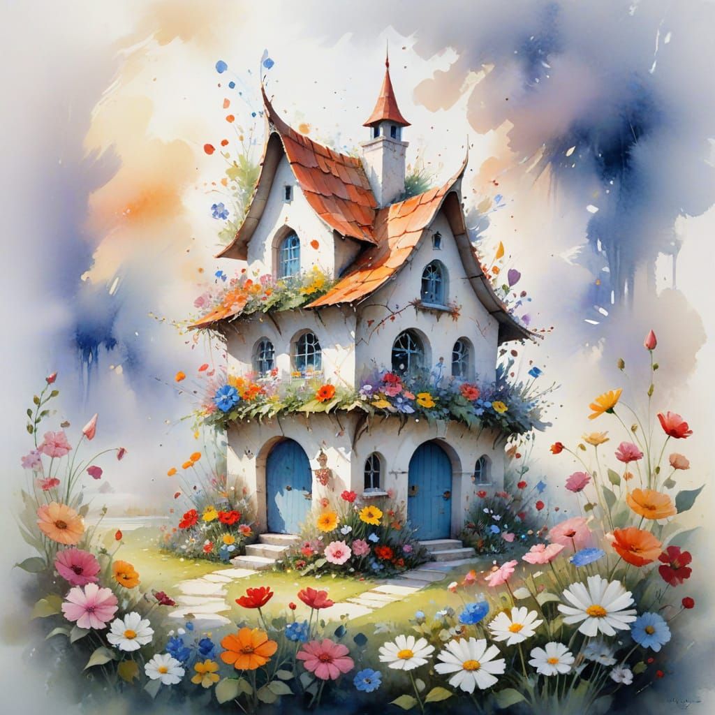 Pixie House Hidden Among Flowers in Watercolour Style