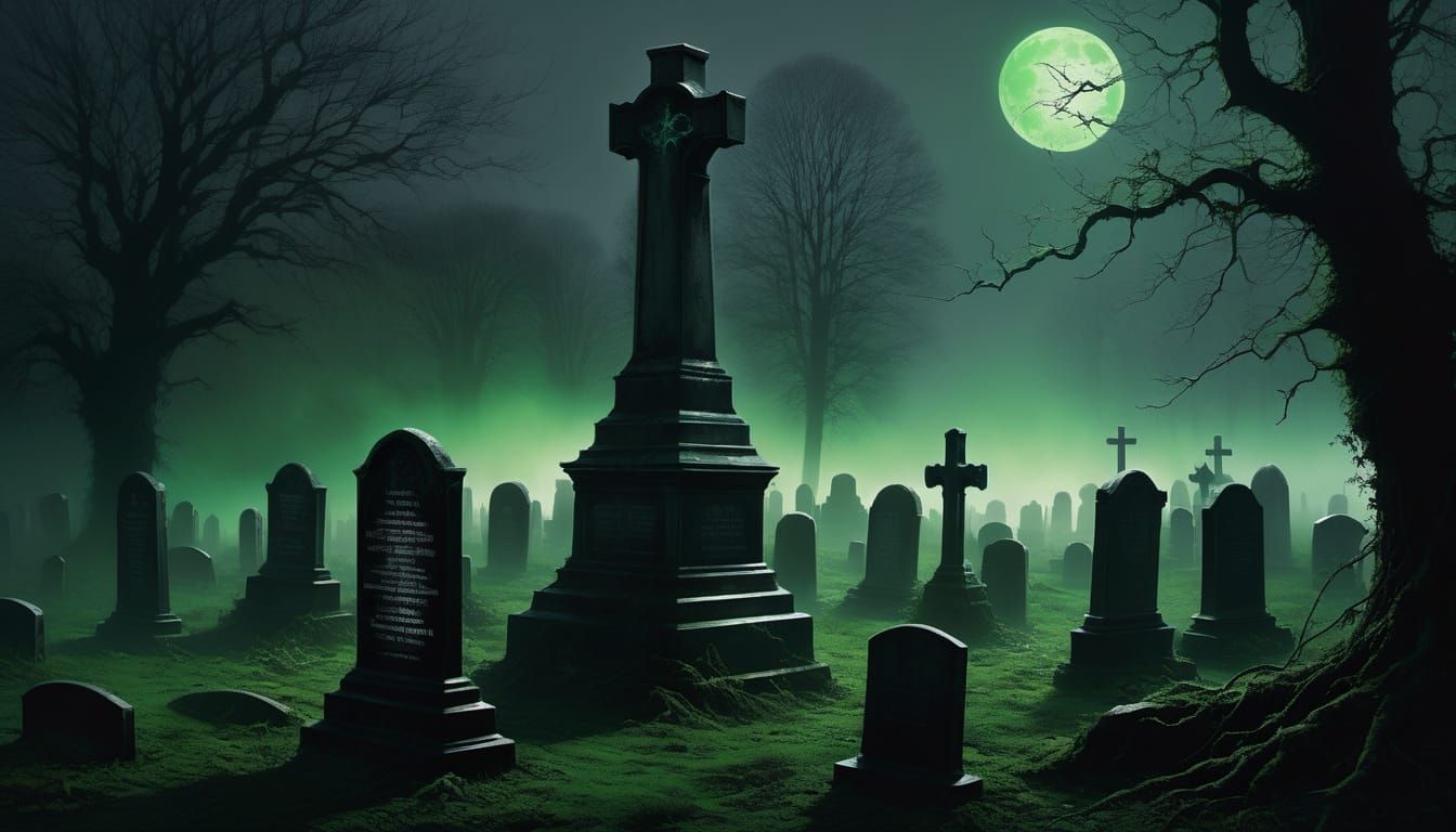 Ethereal ghostly figure floating in a misty moonlit graveyard, tattered translucent robes, decaying tombstones overgrown...