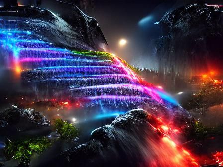 Cosmic Rainbow Waterfall at Night in Neon