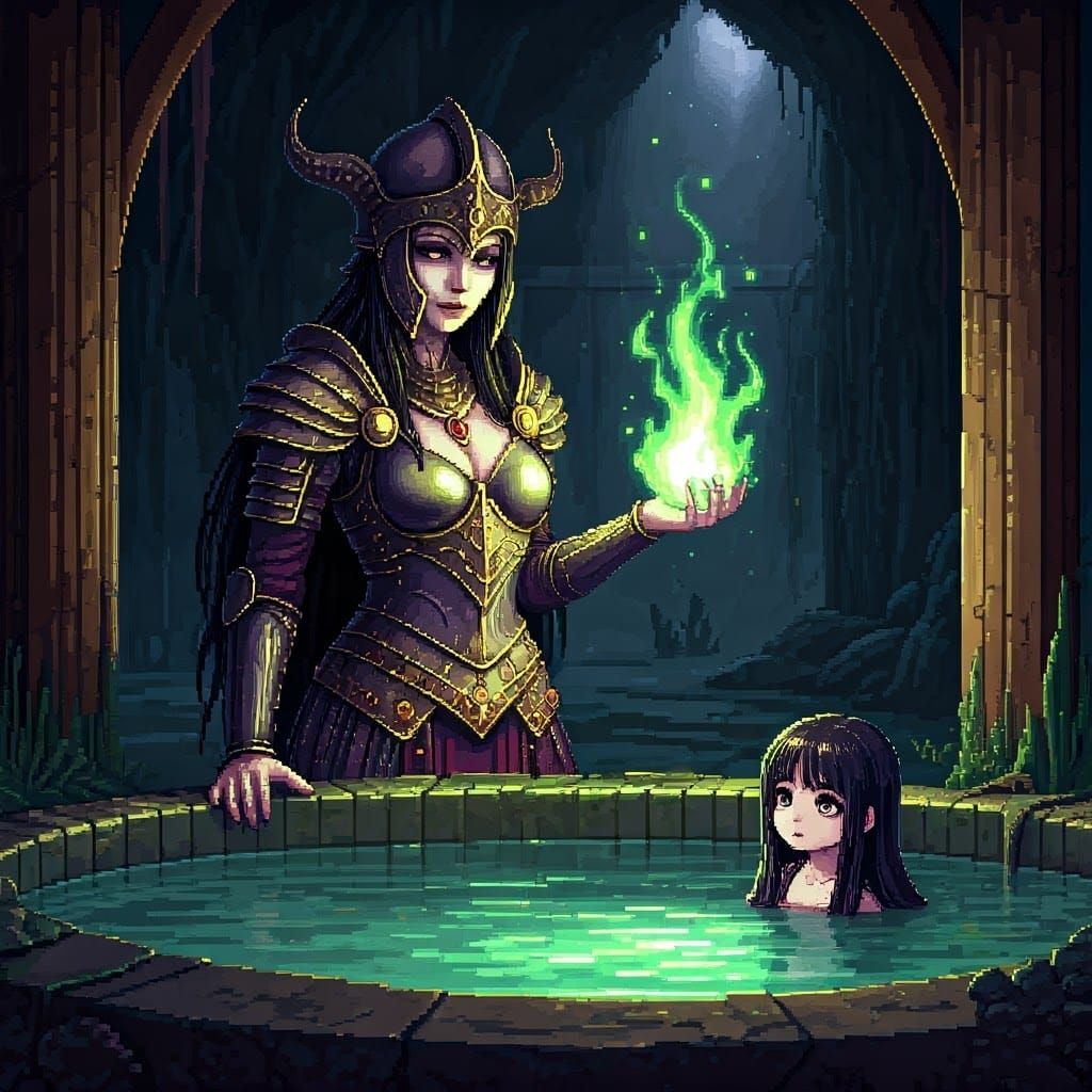 Pixelated Sorceress Confrontation at Abandoned Hot Spring