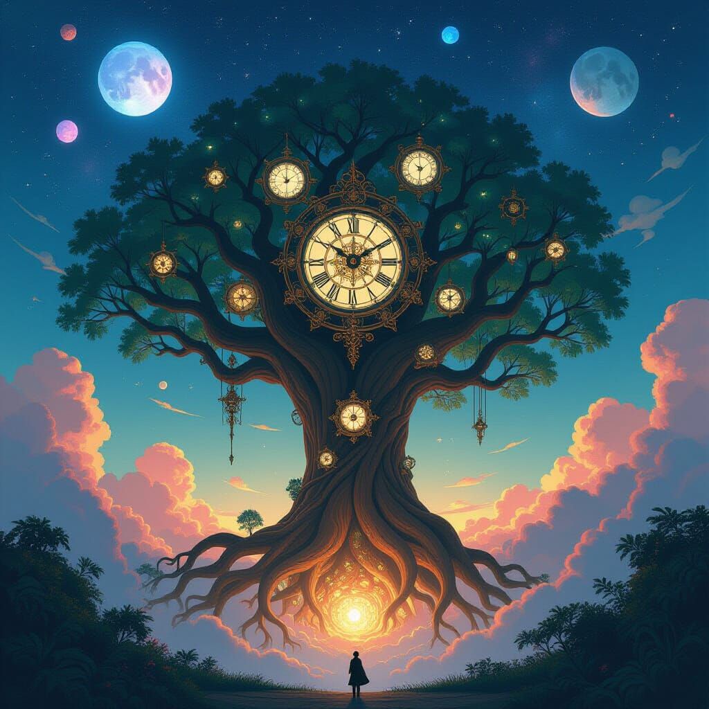 Ancient Nebula Tree with Steampunk Clockwork and Bioluminesc...