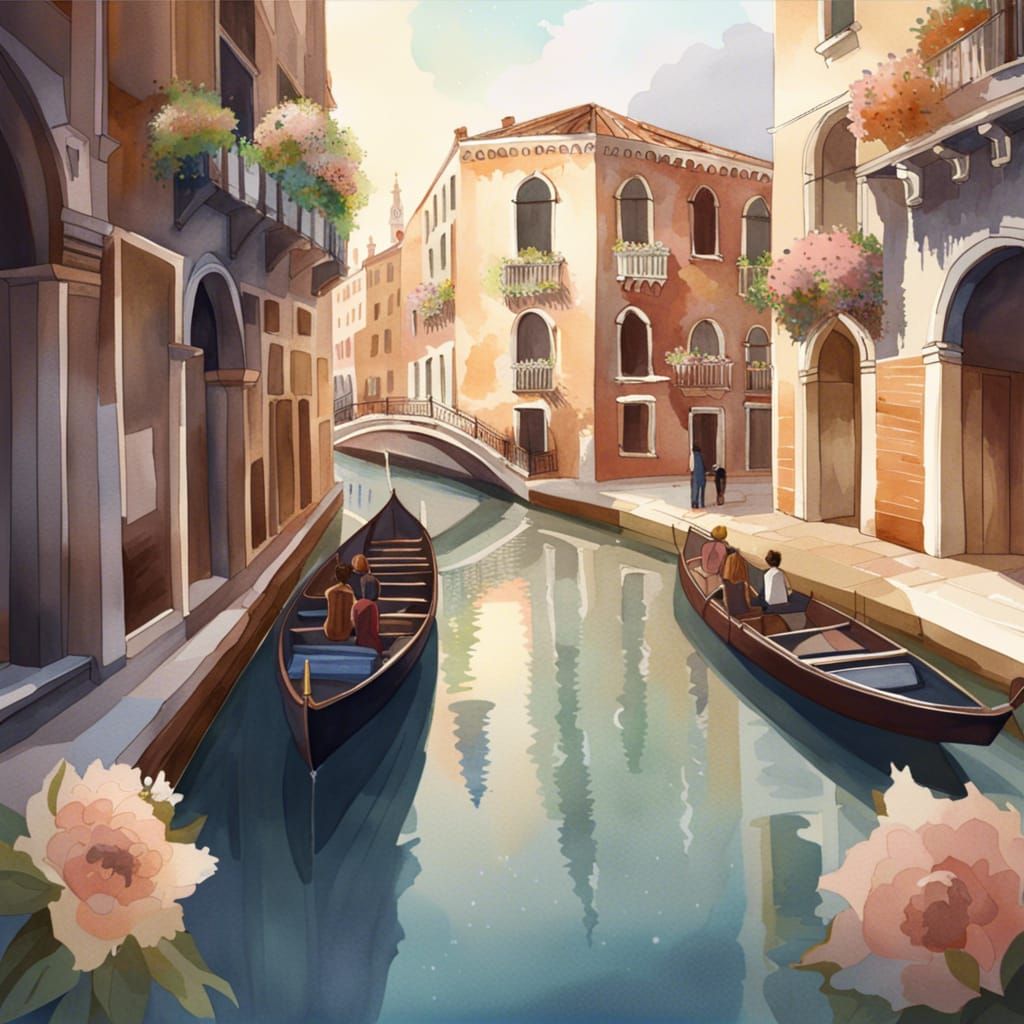 Venice Canal in Watercolor with Art Deco Architecture