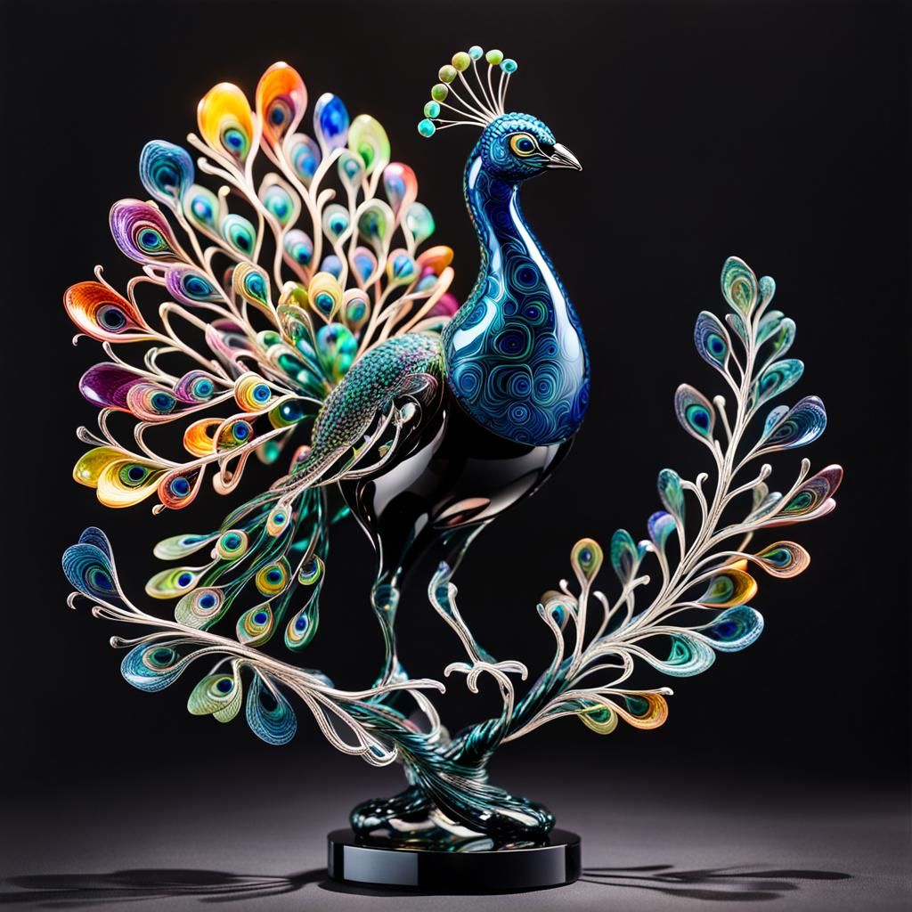 Aurora Borealis Inspired Glass Peacock Sculpture