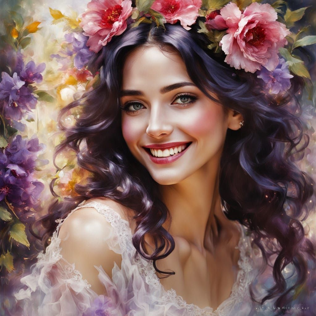 Vibrant Woman in Crimson Flower Wreath