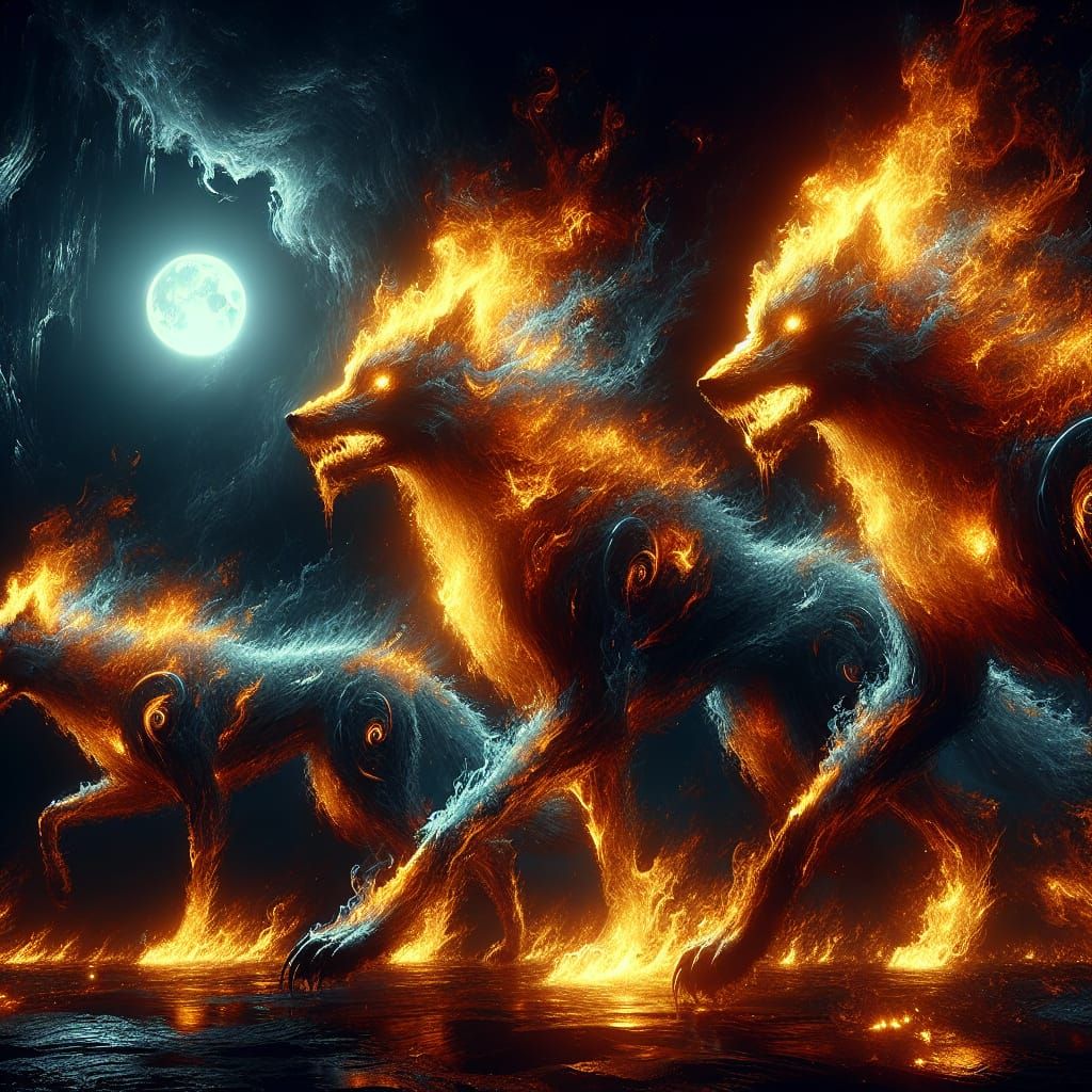 Inferno wolves blazing with flames through the night. Moonli...
