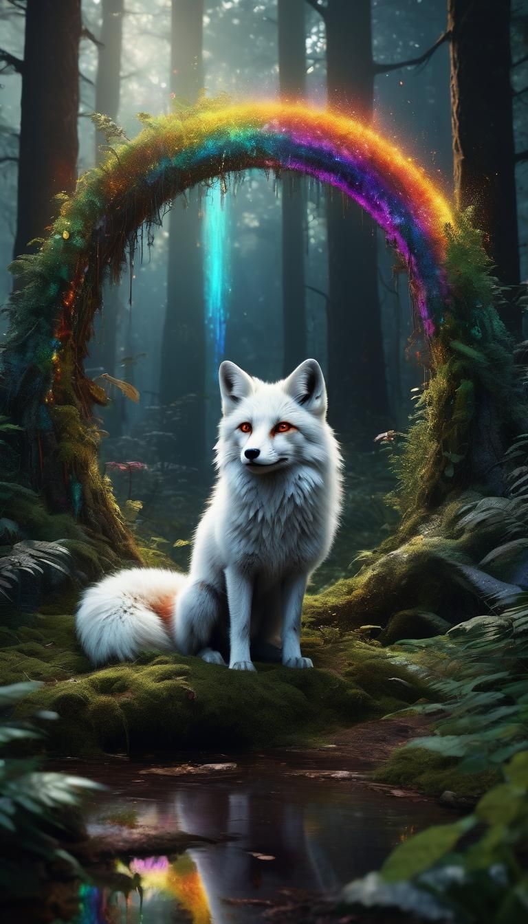 Iridescent Portal Behind a Spotted White Fox