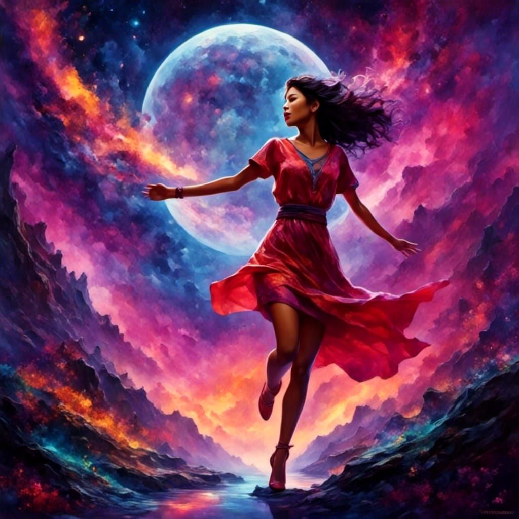 Dancing Figure in Cosmic Storm with Luminous Glow