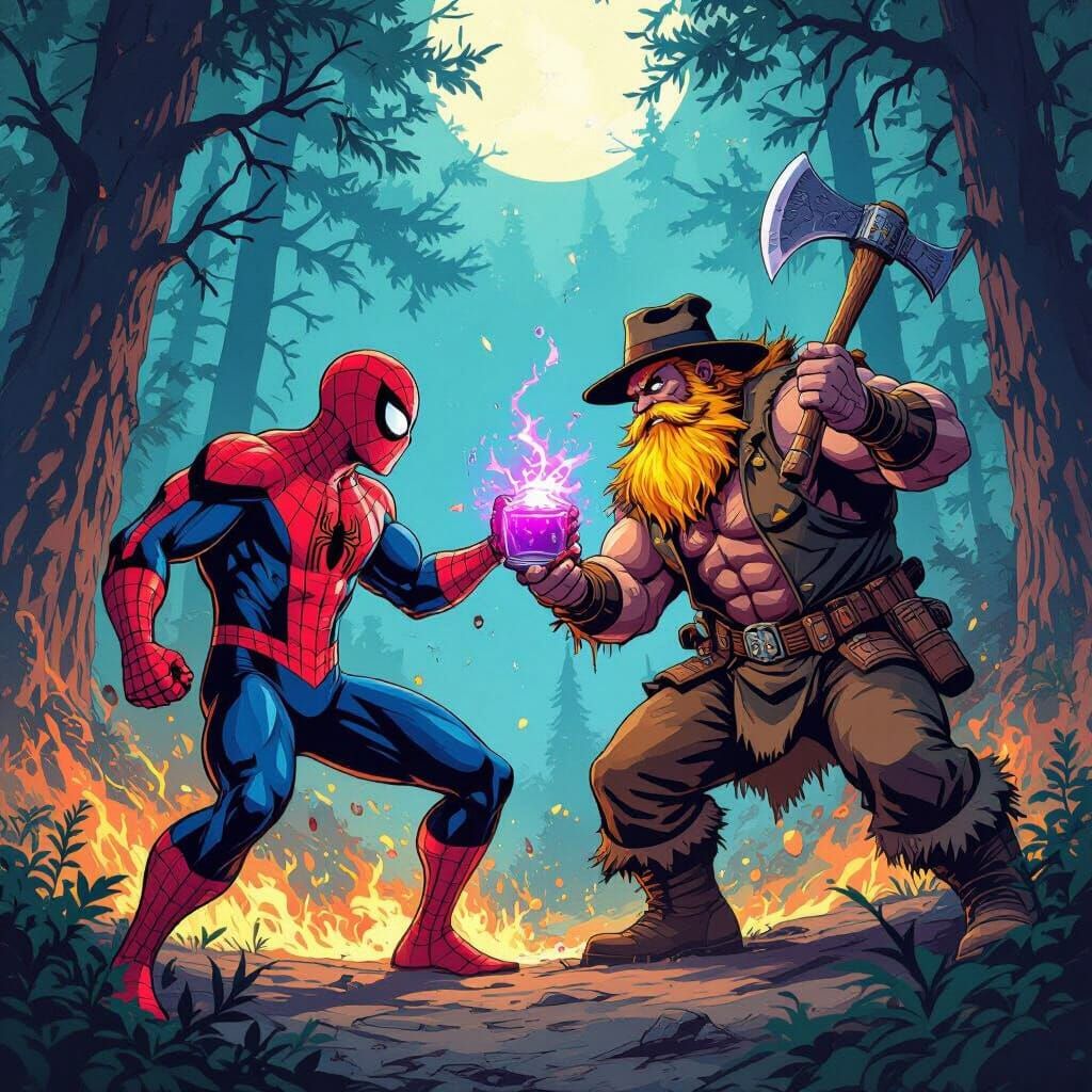 Spiderman Battles Lumberjack in Mystical Forest Twilight