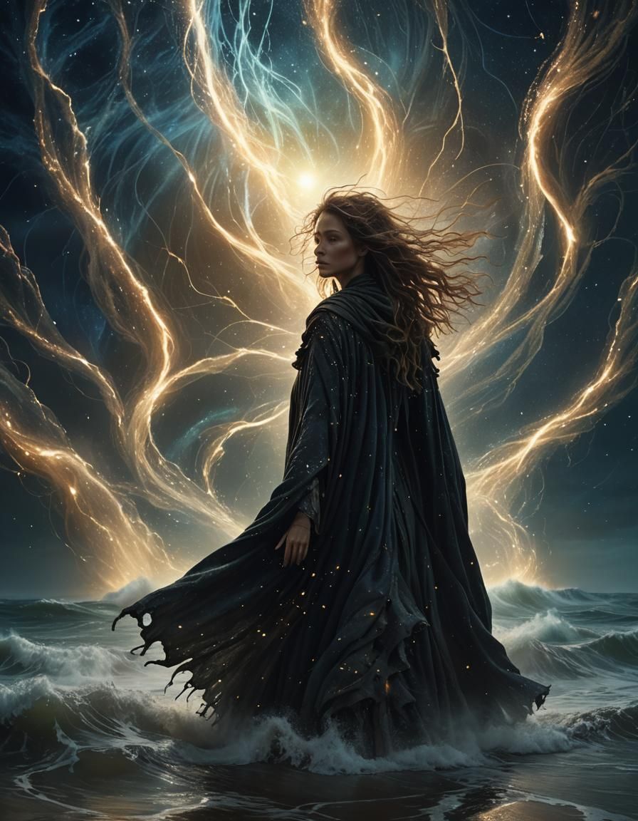 Mystical Woman in Cosmic Sea, Dark Fantasy Art