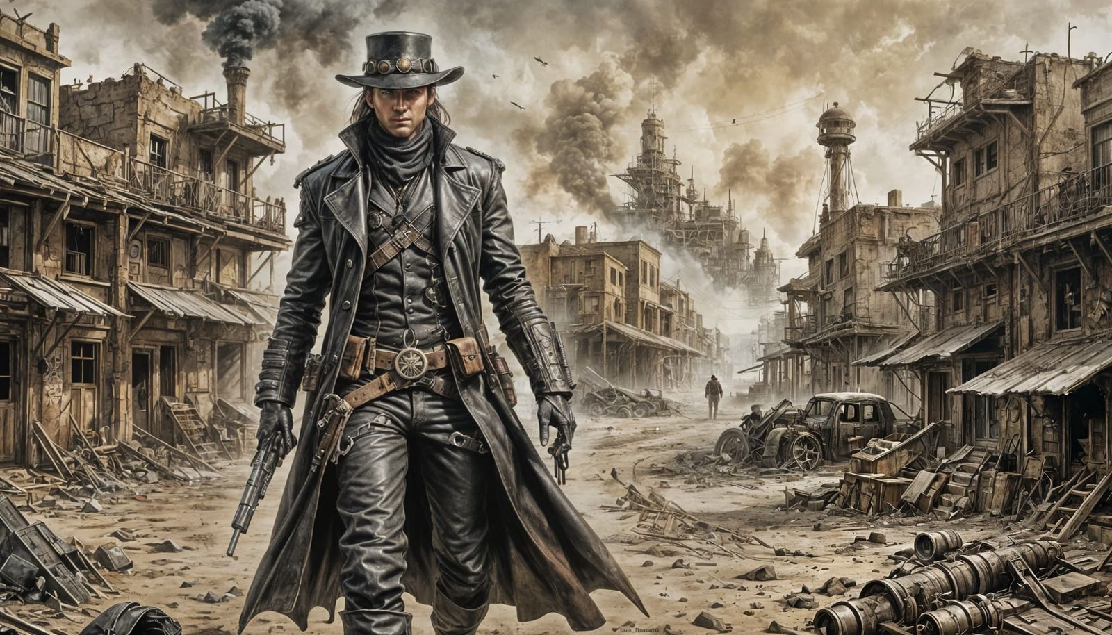 Steampunk Gunslinger in Wasteland Town: Comic Illustration