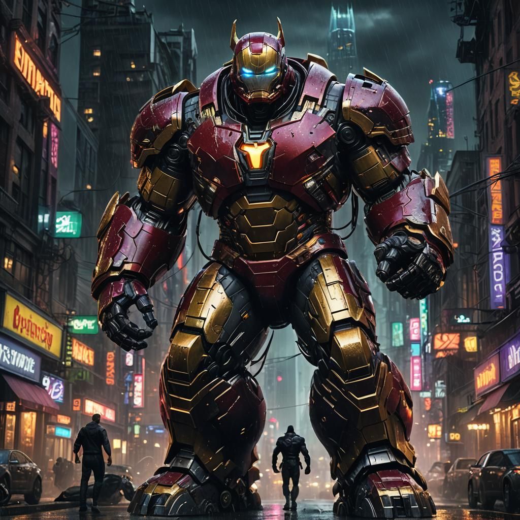 Hulkbuster Batman in Gothic Cityscape Concept Art