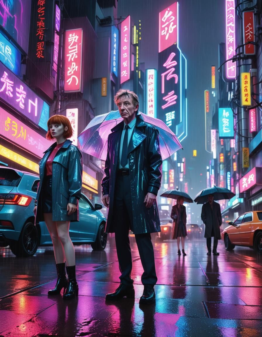 Cyberpunk Cityscape with Neon Lights and Rain