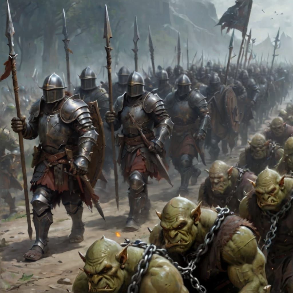 Medieval Soldiers March with Defeated Orcs