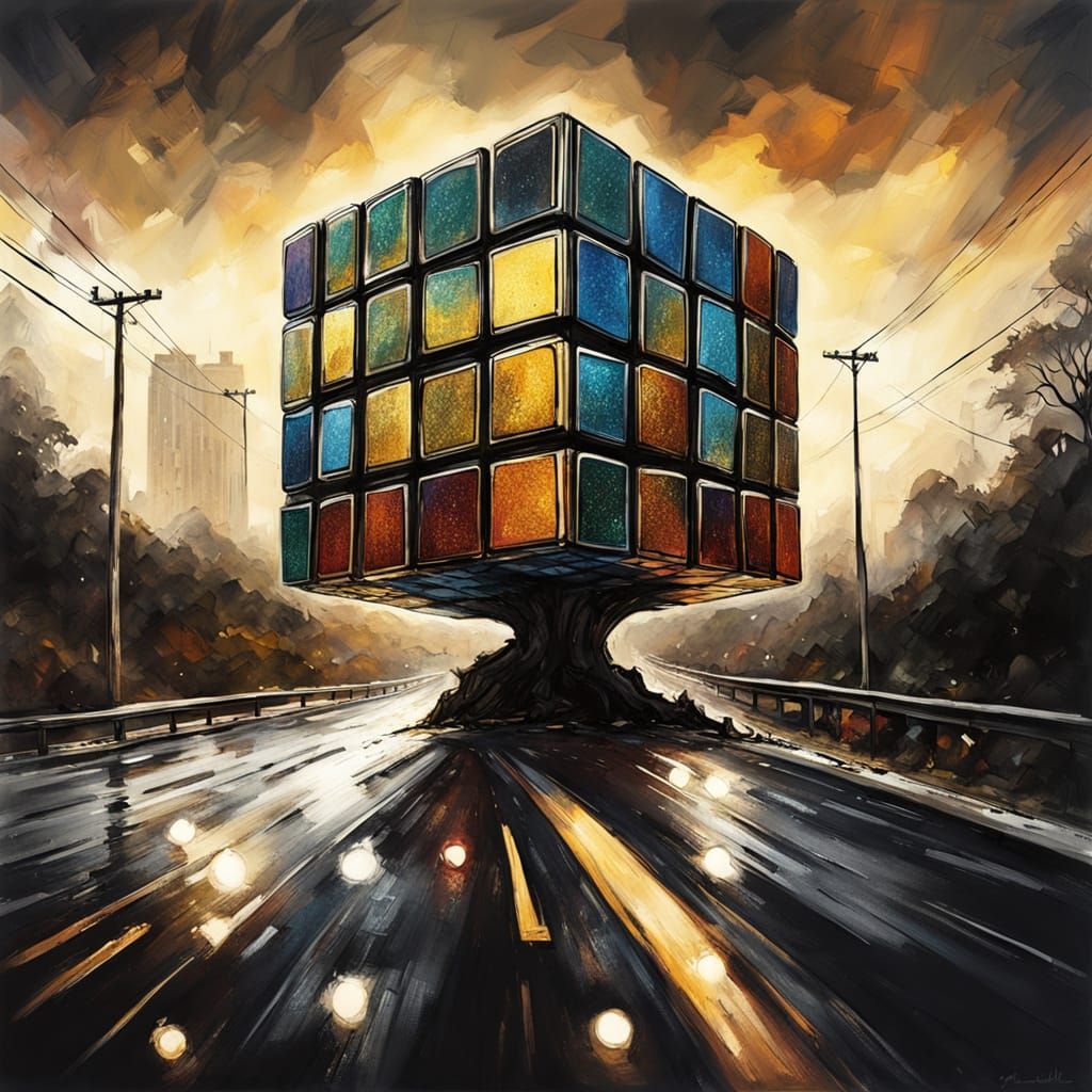 Surreal Fantasy Landscape with Giant Rubik's Cube