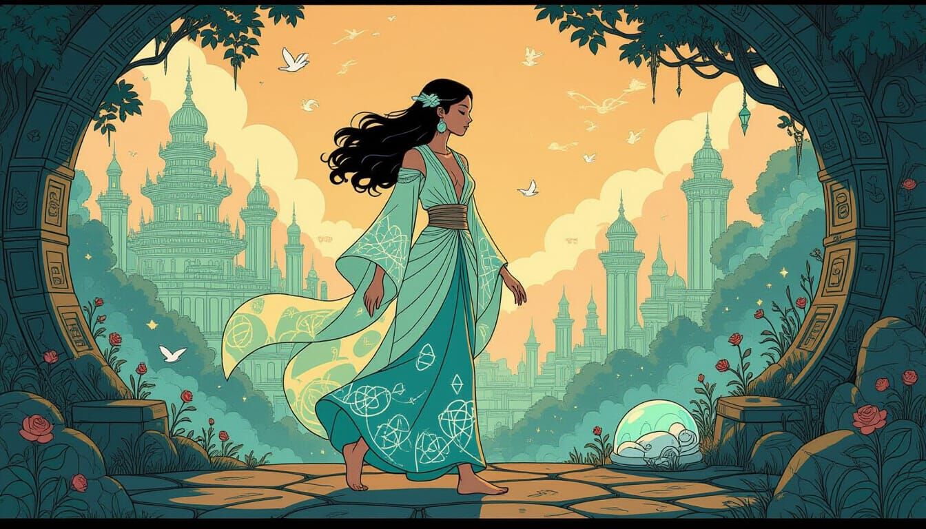 Luminous Synth-Woman in Dreamworld: Watercolor Illustration